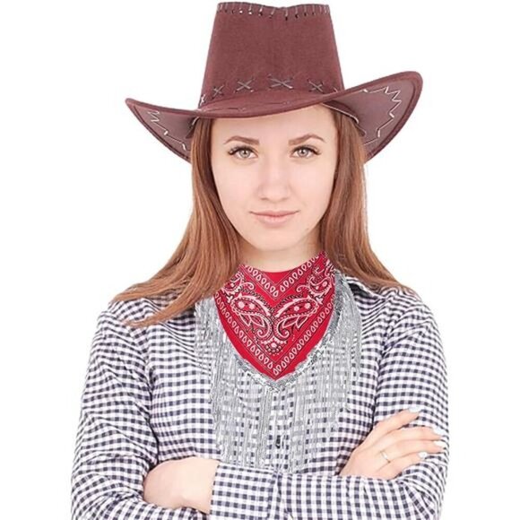 Red Paisley Bandana Scarf with Rhinestone Fringe – Western Festival Accessory - Picture 3 of 6